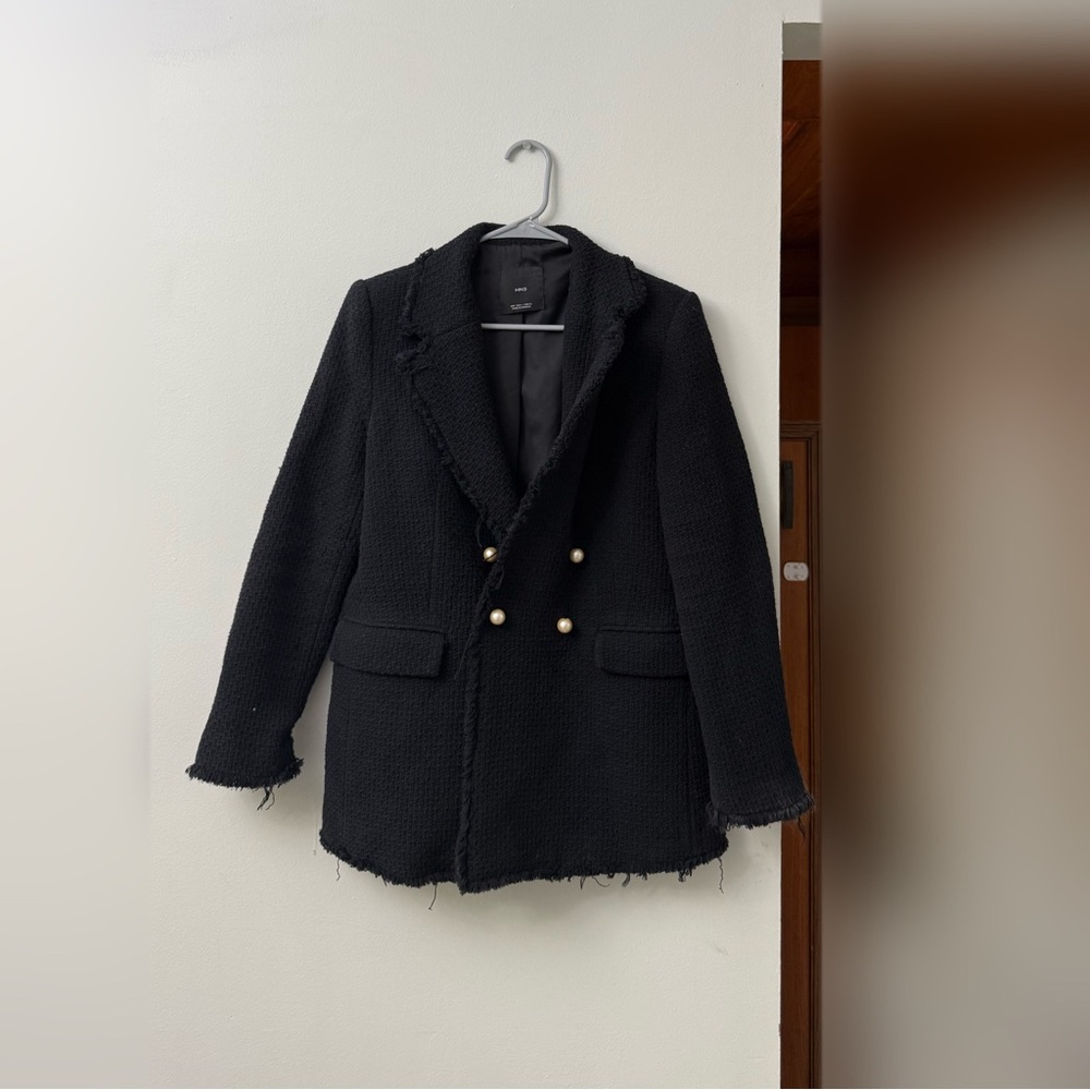 Mango Black Textured Blazer with Pearl Accents
